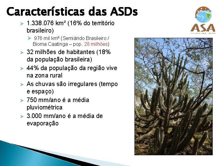 Características das ASDs Ø 1. 338. 076 km² (16% do território brasileiro) Ø 976