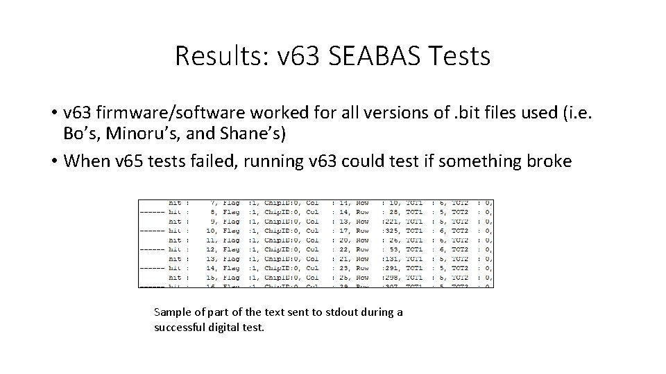 Results: v 63 SEABAS Tests • v 63 firmware/software worked for all versions of.