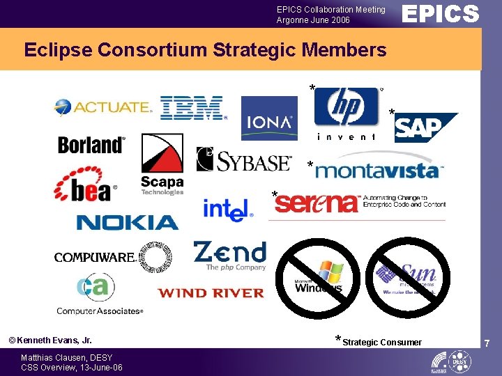 EPICS Collaboration Meeting Argonne June 2006 Eclipse Consortium Strategic Members * * © Kenneth