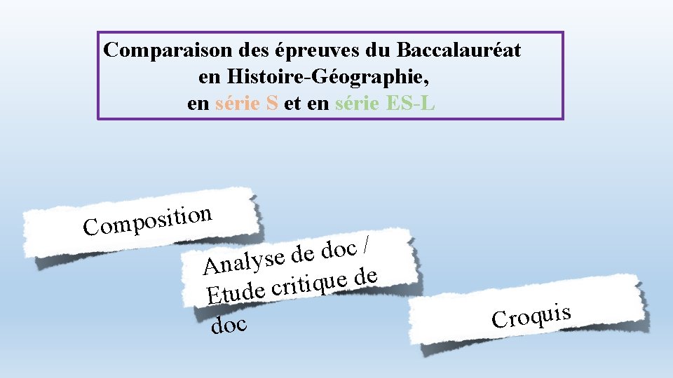 Comparaison des épreuves du Baccalauréat en Histoire-Géographie, en série S et en série ES-L
