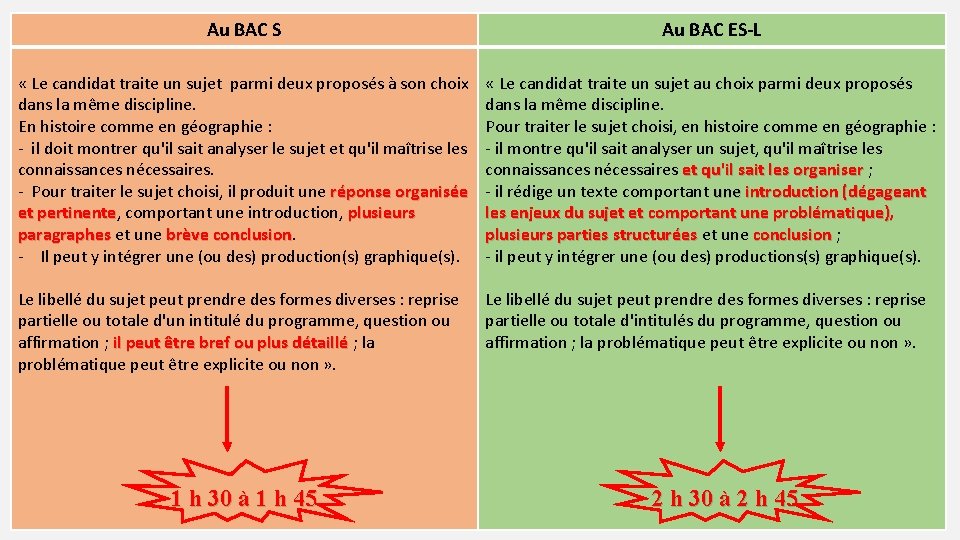 Au BAC S Au BAC ES-L « Le candidat traite un sujet parmi deux