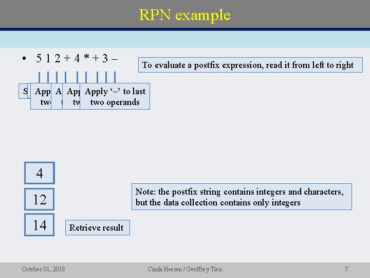 RPN example • 512+4*+3– To evaluate a postfix expression, read it from left to