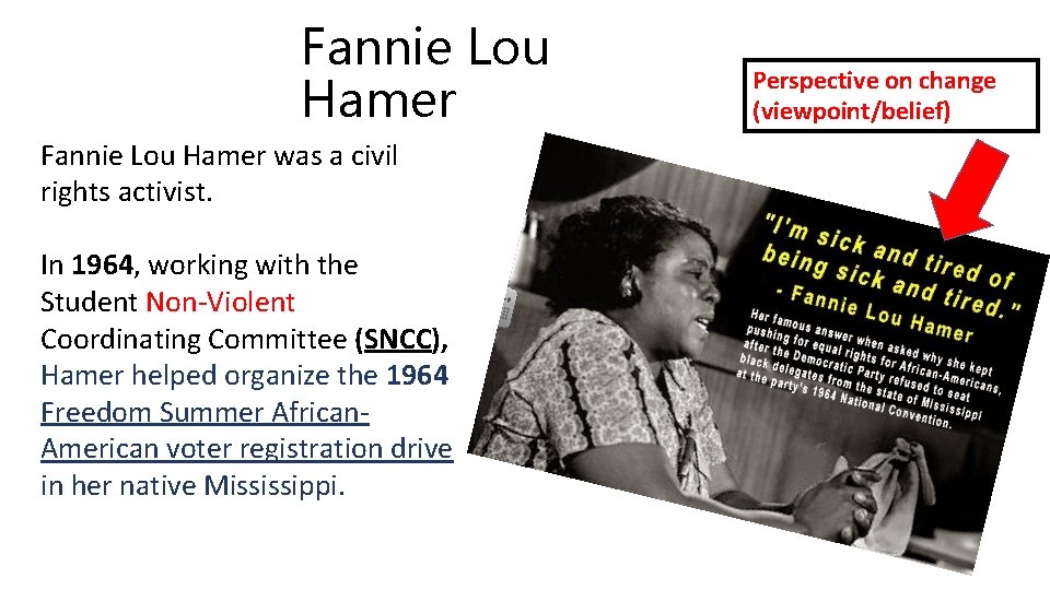 Fannie Lou Hamer was a civil rights activist. In 1964, working with the Student