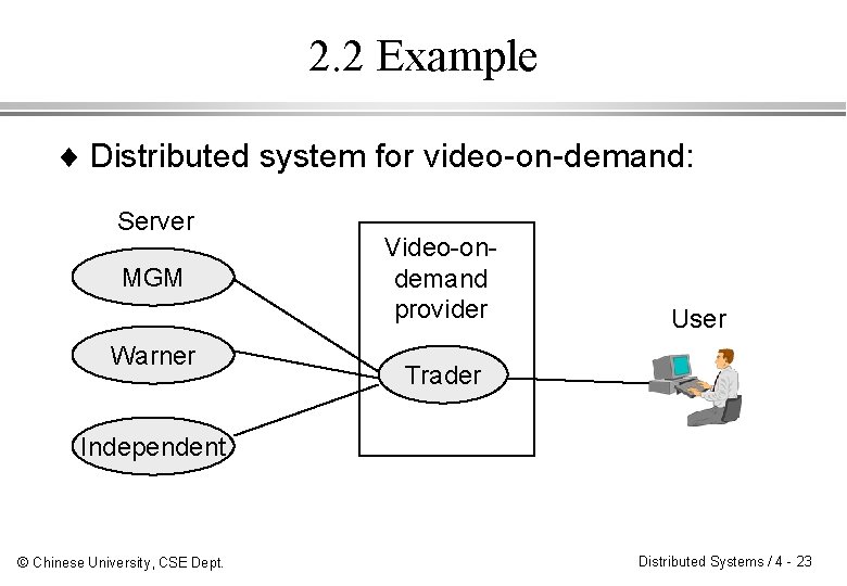 2. 2 Example ¨ Distributed system for video-on-demand: Server MGM Warner Video-ondemand provider User