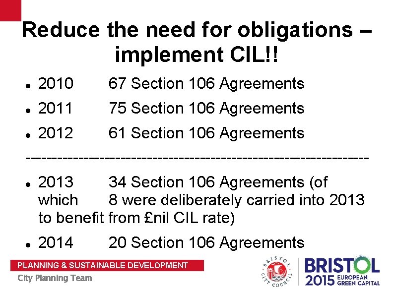 Reduce the need for obligations – implement CIL!! 2010 67 Section 106 Agreements 2011