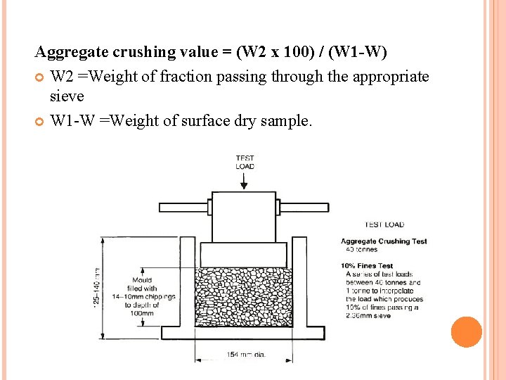 Aggregate crushing value = (W 2 x 100) / (W 1 -W) W 2
