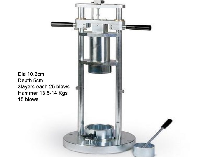 Dia 10. 2 cm Depth 5 cm 3 layers each 25 blows Hammer 13.