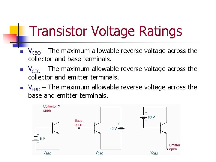 Transistor Voltage Ratings n n n VCBO – The maximum allowable reverse voltage across