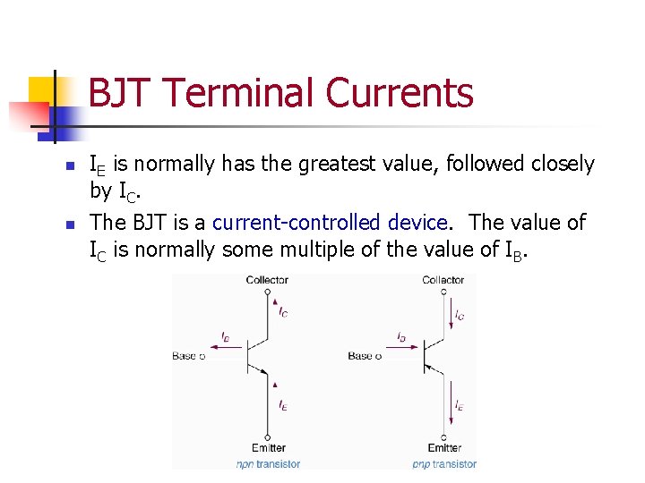 BJT Terminal Currents n n IE is normally has the greatest value, followed closely