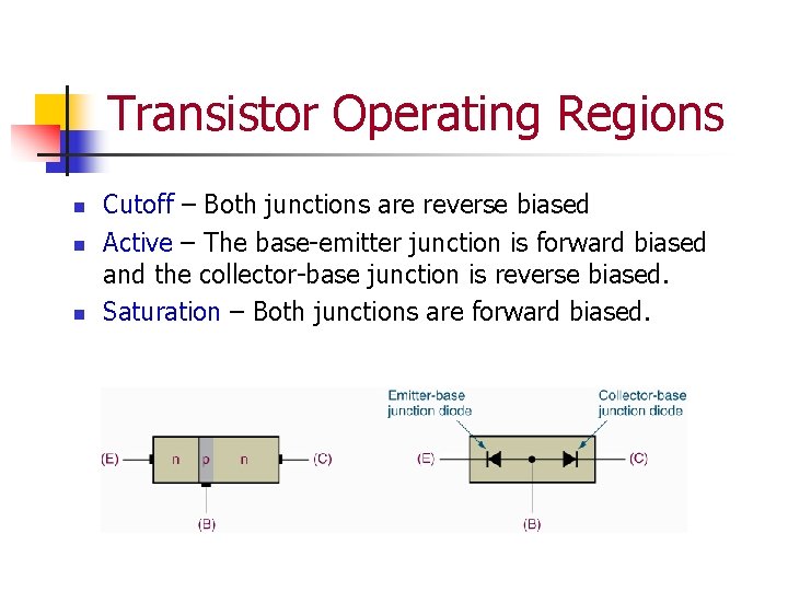 Transistor Operating Regions n n n Cutoff – Both junctions are reverse biased Active