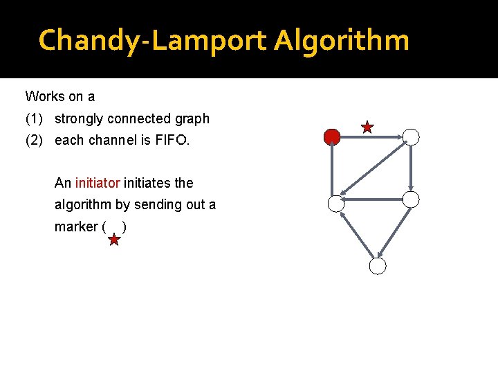 Chandy-Lamport Algorithm Works on a (1) strongly connected graph (2) each channel is FIFO.