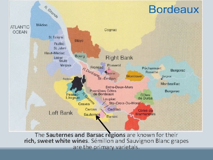 The Sauternes and Barsac regions are known for their rich, sweet white wines. Sémillon