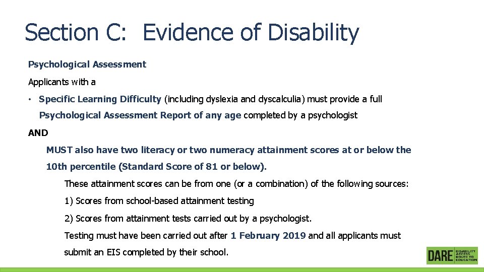 Section C: Evidence of Disability Psychological Assessment Applicants with a • Specific Learning Difficulty