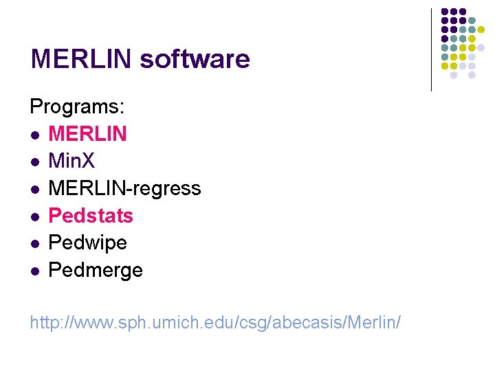 MERLIN software Programs: l MERLIN l Min. X l MERLIN-regress l Pedstats l Pedwipe