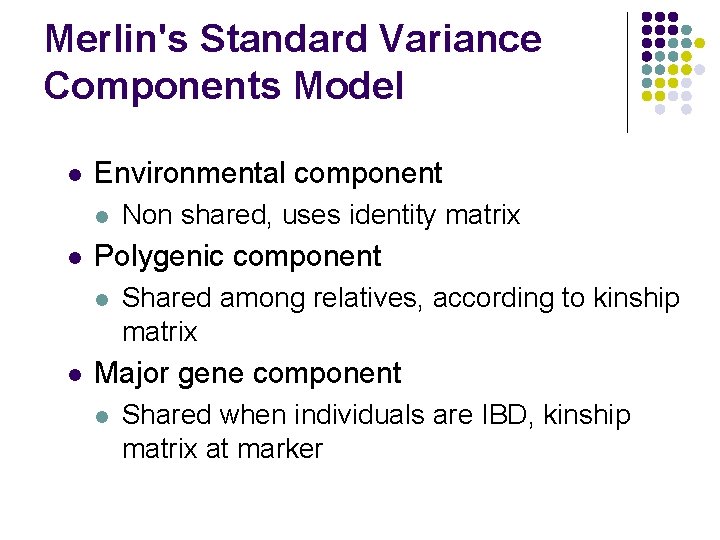 Merlin's Standard Variance Components Model l Environmental component l l Polygenic component l l