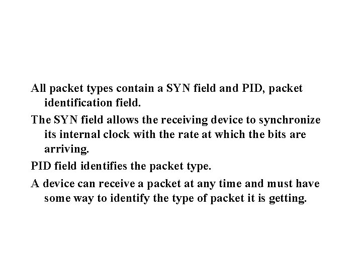 All packet types contain a SYN field and PID, packet identification field. The SYN