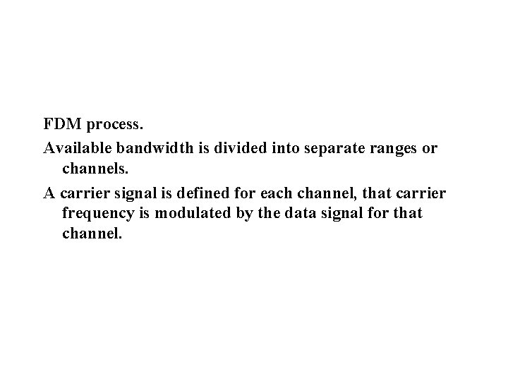 FDM process. Available bandwidth is divided into separate ranges or channels. A carrier signal