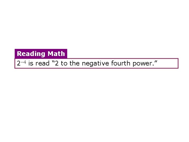 Reading Math 2– 4 is read “ 2 to the negative fourth power. ”