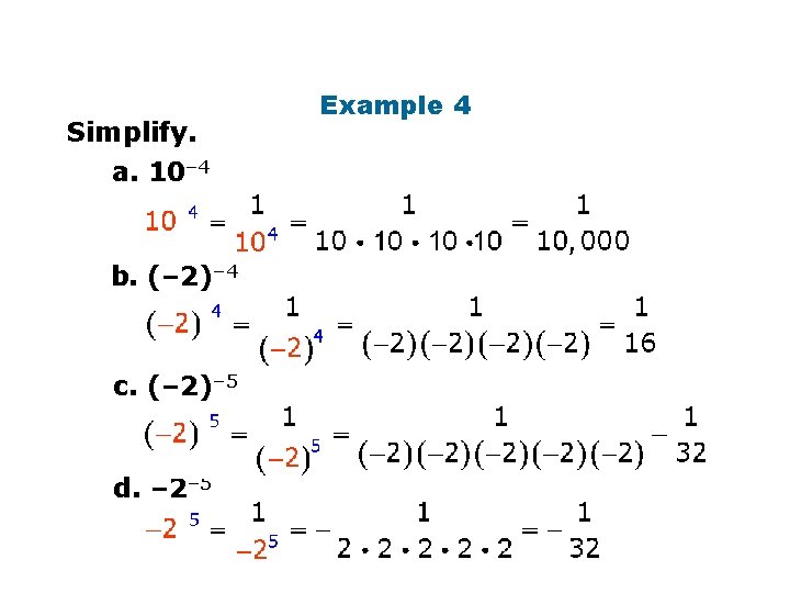 Simplify. a. 10– 4 b. (– 2)– 4 c. (– 2)– 5 d. –