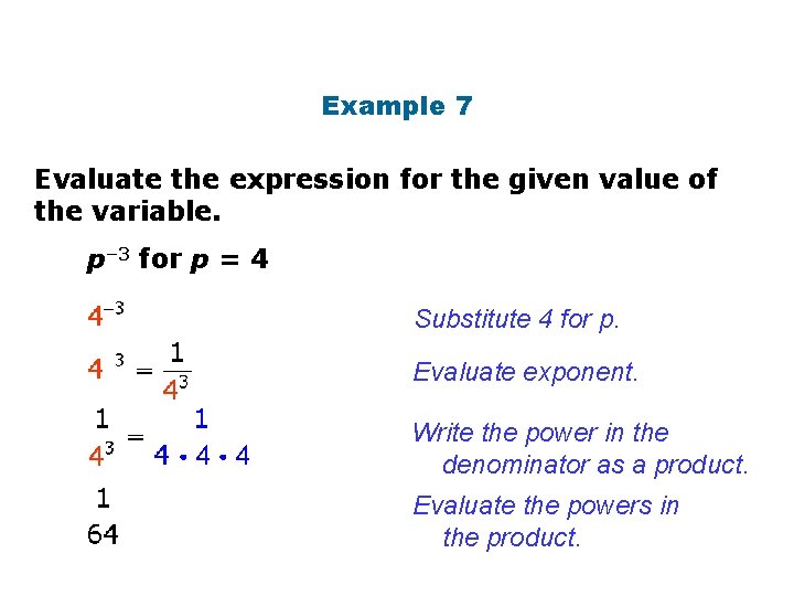 Example 7 Evaluate the expression for the given value of the variable. p– 3
