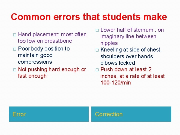 Common errors that students make Hand placement: most often too low on breastbone � Common errors that students make Hand placement: most often too low on breastbone �