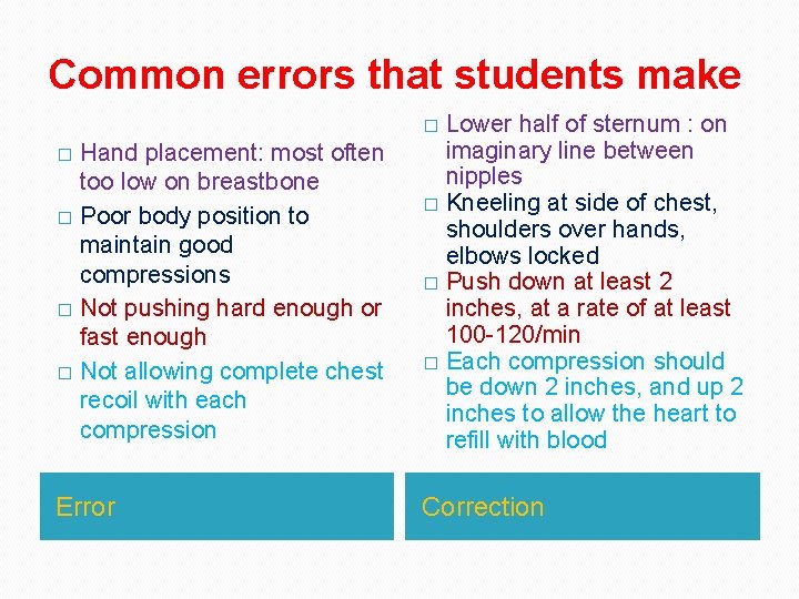 Common errors that students make Hand placement: most often too low on breastbone � Common errors that students make Hand placement: most often too low on breastbone �