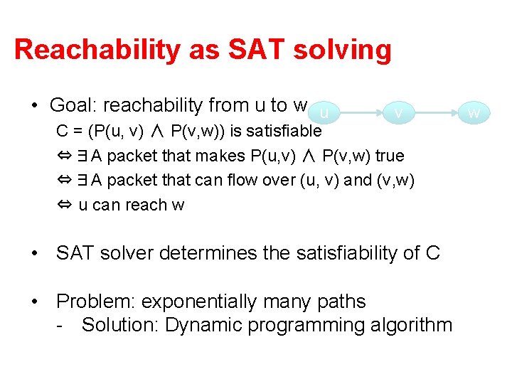 Reachability as SAT solving • Goal: reachability from u to w u v C