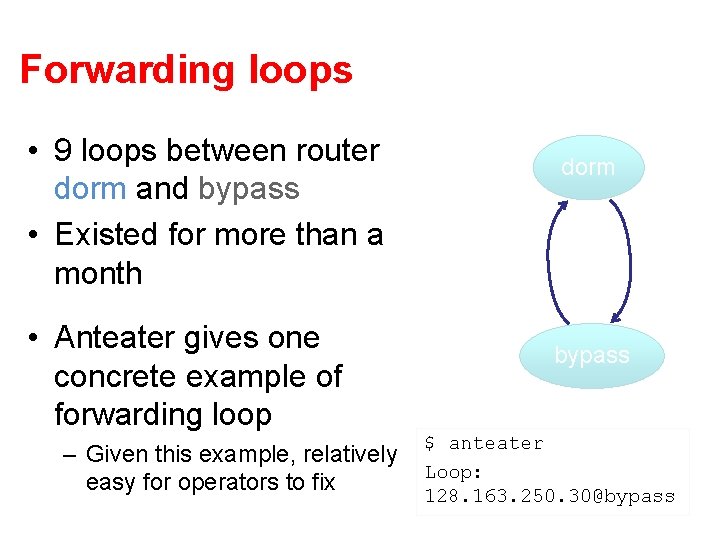 Forwarding loops • 9 loops between router dorm and bypass • Existed for more