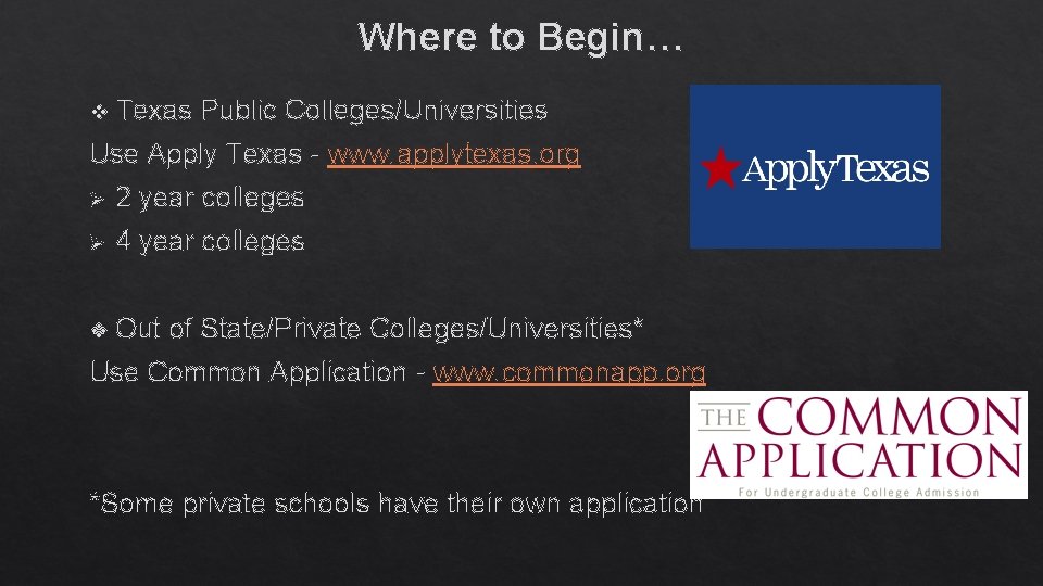 Where to Begin… v Texas Public Colleges/Universities Use Apply Texas - www. applytexas. org