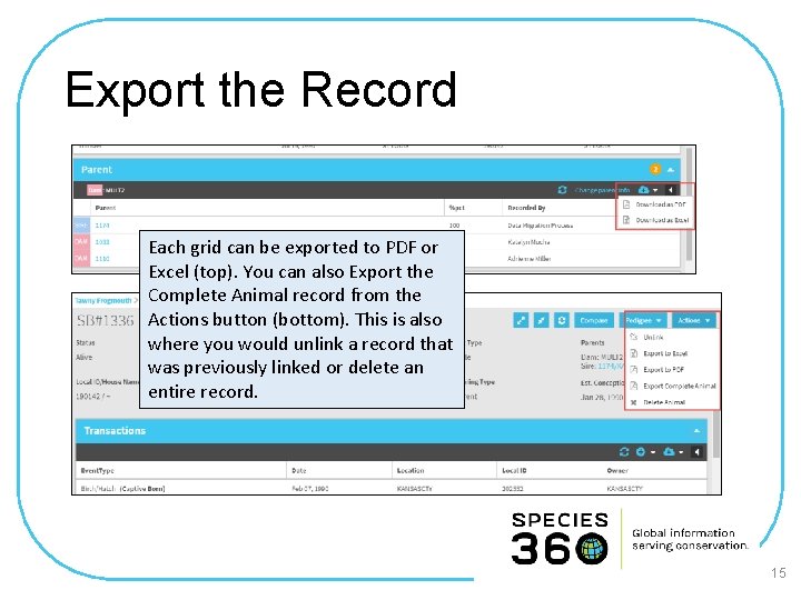 Export the Record Each grid can be exported to PDF or Excel (top). You