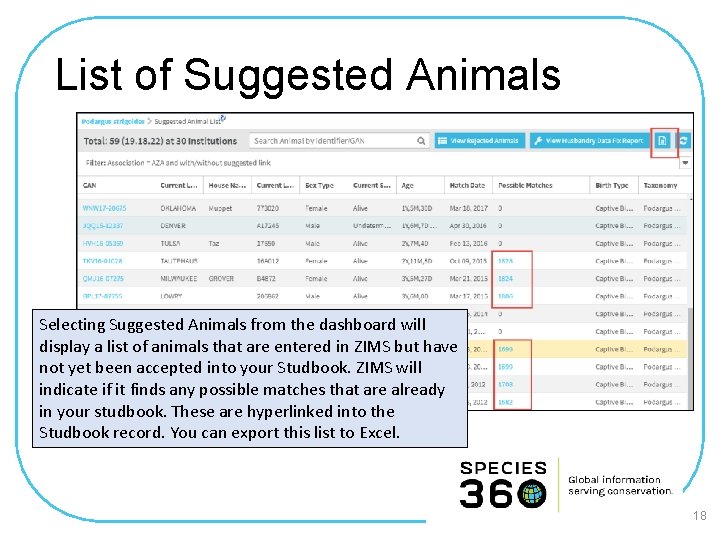List of Suggested Animals Selecting Suggested Animals from the dashboard will display a list