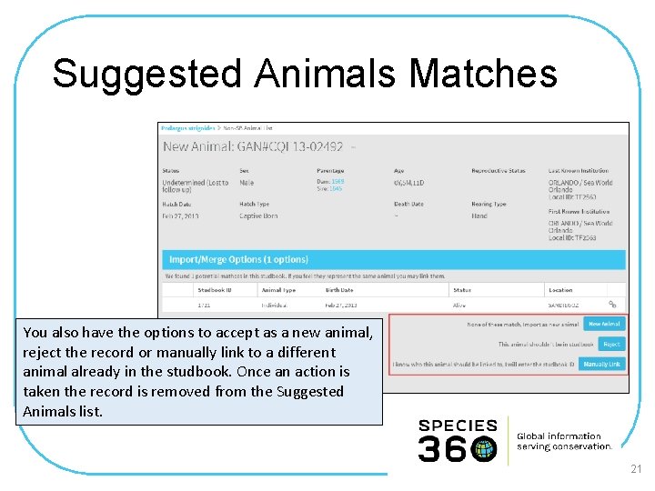 Suggested Animals Matches You also have the options to accept as a new animal,