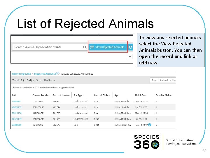 List of Rejected Animals To view any rejected animals select the View Rejected Animals