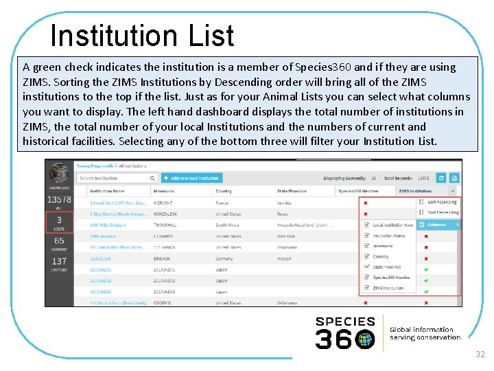 Institution List A green check indicates the institution is a member of Species 360
