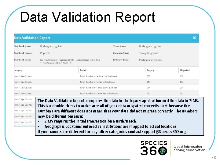 Data Validation Report The Data Validation Report compares the data in the legacy application