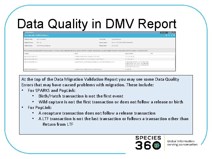 Data Quality in DMV Report At the top of the Data Migration Validation Report