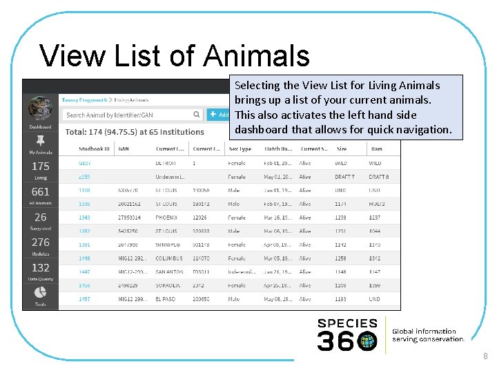 View List of Animals Selecting the View List for Living Animals brings up a