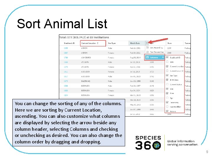Sort Animal List You can change the sorting of any of the columns. Here