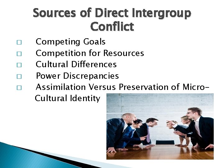 Sources of Direct Intergroup Conflict � � � Competing Goals Competition for Resources Cultural
