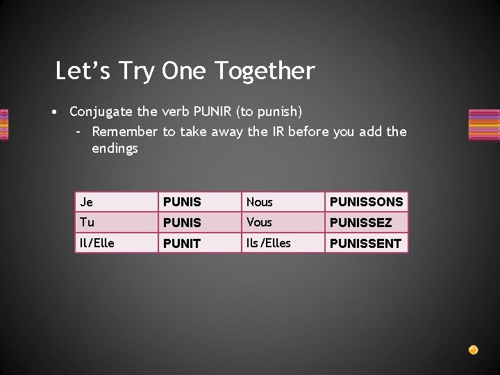 Let’s Try One Together • Conjugate the verb PUNIR (to punish) – Remember to