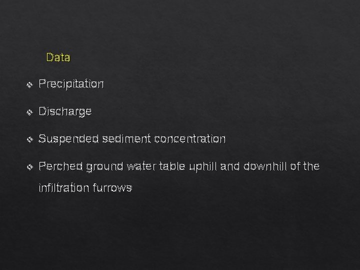 Data v Precipitation v Discharge v Suspended sediment concentration v Perched ground water table