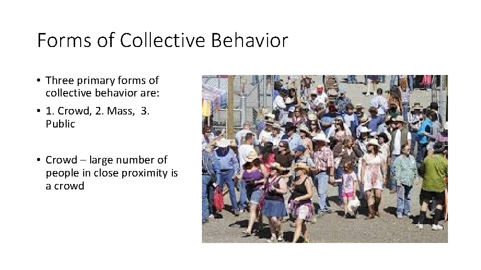Forms of Collective Behavior • Three primary forms of collective behavior are: • 1.