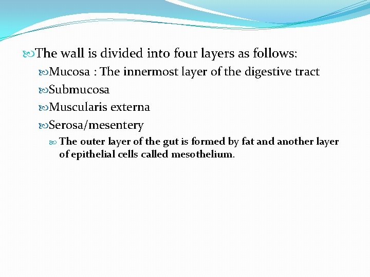 The wall is divided into four layers as follows: Mucosa : The innermost The wall is divided into four layers as follows: Mucosa : The innermost
