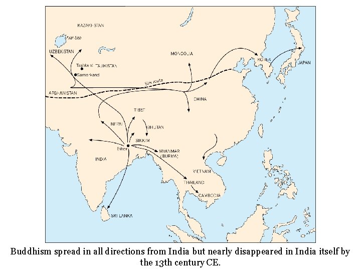 Buddhism spread in all directions from India but nearly disappeared in India itself by