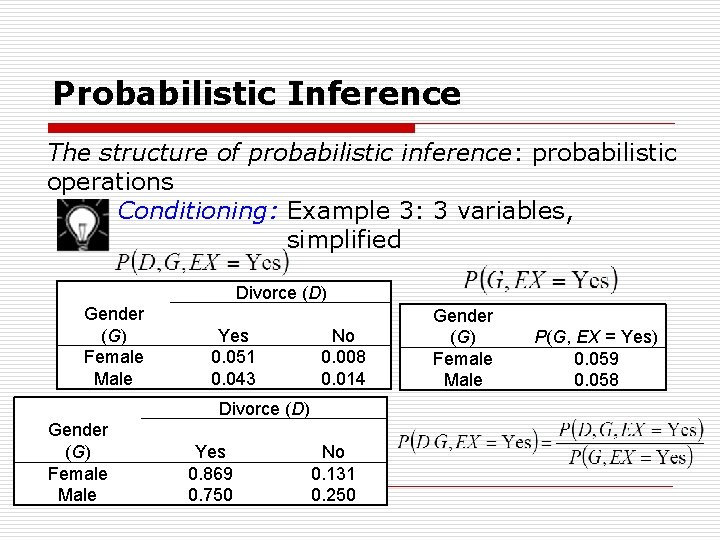 Probabilistic Inference The structure of probabilistic inference: probabilistic operations Conditioning: Example 3: 3 variables,