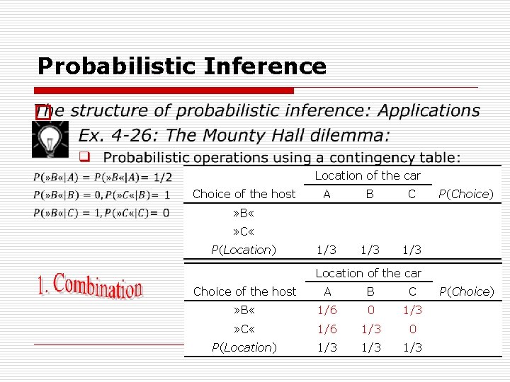 Probabilistic Inference o Location of the car Choice of the host A B C