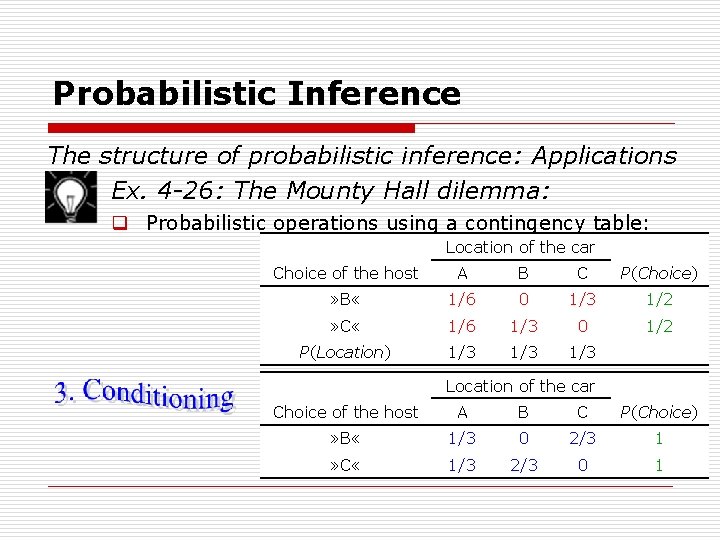 Probabilistic Inference The structure of probabilistic inference: Applications Ex. 4 -26: The Mounty Hall