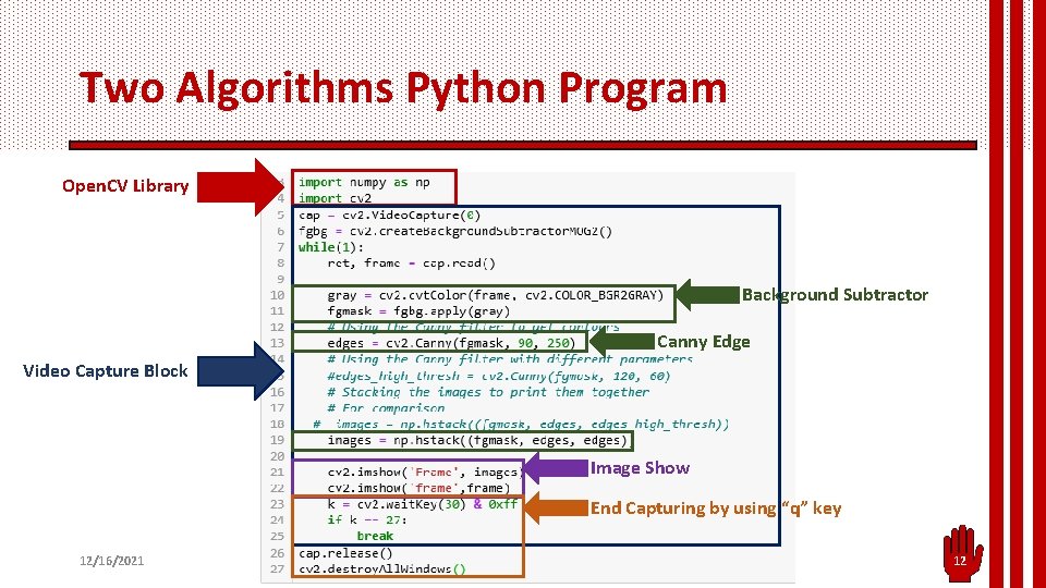 Two Algorithms Python Program Open. CV Library Background Subtractor Canny Edge Video Capture Block