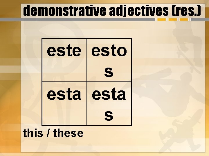 demonstrative adjectives (res. ) este esto s esta s this / these 