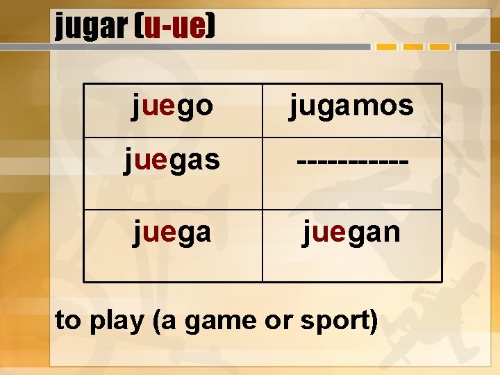 jugar (u-ue) juego jugamos juegas ------ juegan to play (a game or sport) 
